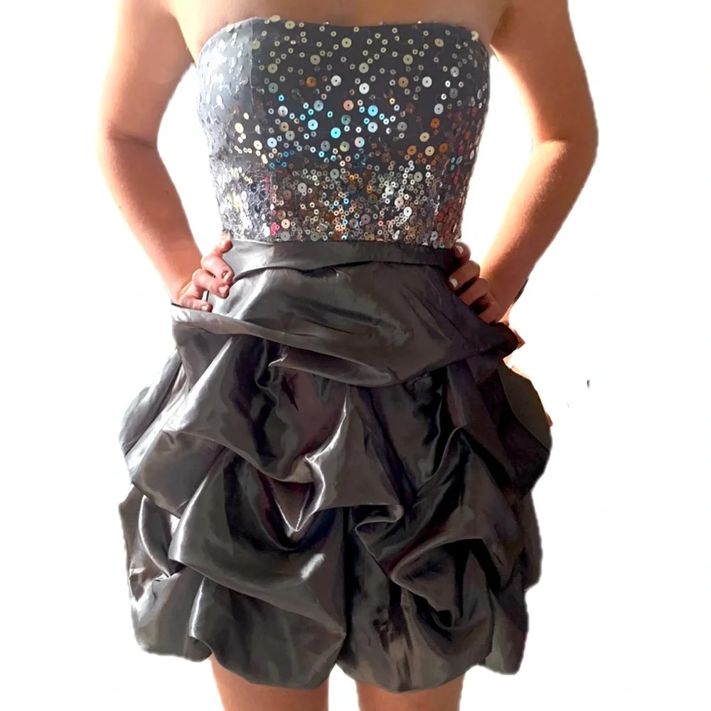 Trixxi Size 3 Gray Strapless Sequin Puff Skirt Formal Short Mini Dress - Picture 3 of 7